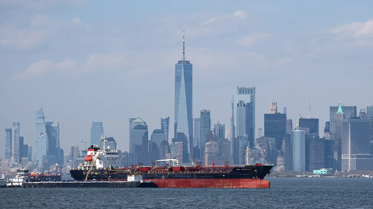 The Mtm Rotterdam, a chemical and oil tanker, sits anchored in New York harbor in New York City, U.S., April 14, 2026. REUTERS/Brendan McDermid