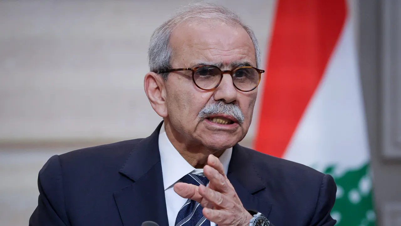 Lebanese Prime Minister Nawaf Salam speaks during a declaration press event held along with French President Emmanuel Macron (not pictured) following their meeting at the Elysee Presidential Palace in Paris, France, April 21, 2026. Ludovic Marin/Pool via REUTERS