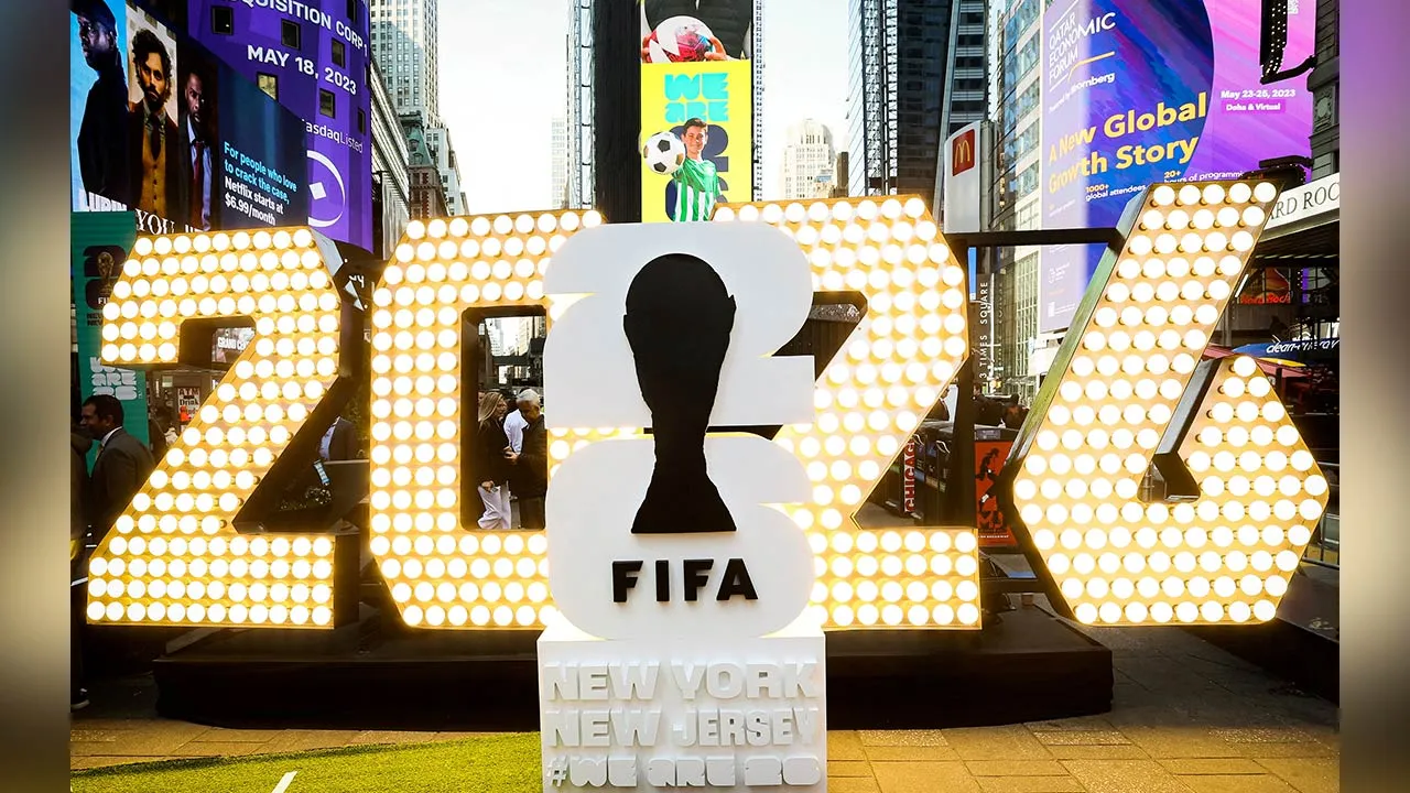 FILE PHOTO: The New York/New Jersey's FIFA World Cup 2026 logo is revealed during the kickoff event in Times Square in New York City, U.S., May 18, 2023. REUTERS/Brendan McDermid/File Photo