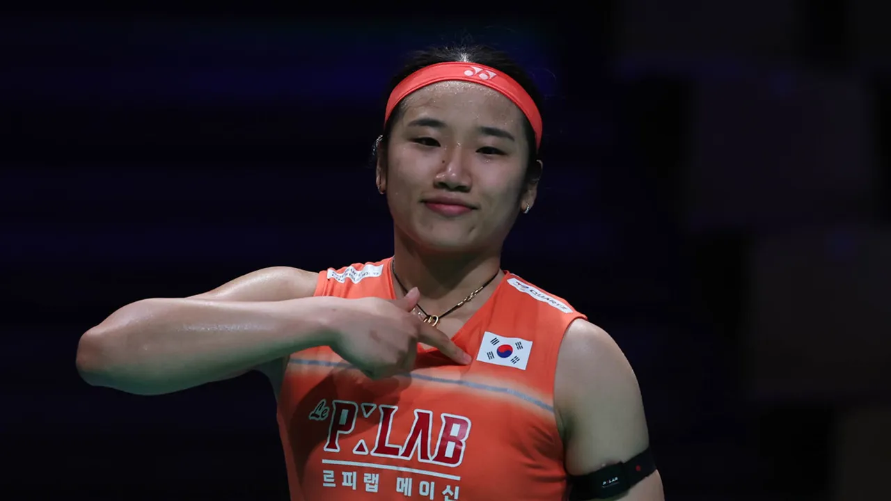 HORSENS (Denmark), April 21 -- Korea women’s singles player An Se Young celebrates after defeating Kaloyana Nalbantova of Bulgaria in their Group D match of the Thomas and Uber Cup at Forum Horsens today.  An Se Young won 21-7, 21-12.  --fotoBERNAMA (2026) HAK CIPTA TERPELIHARA