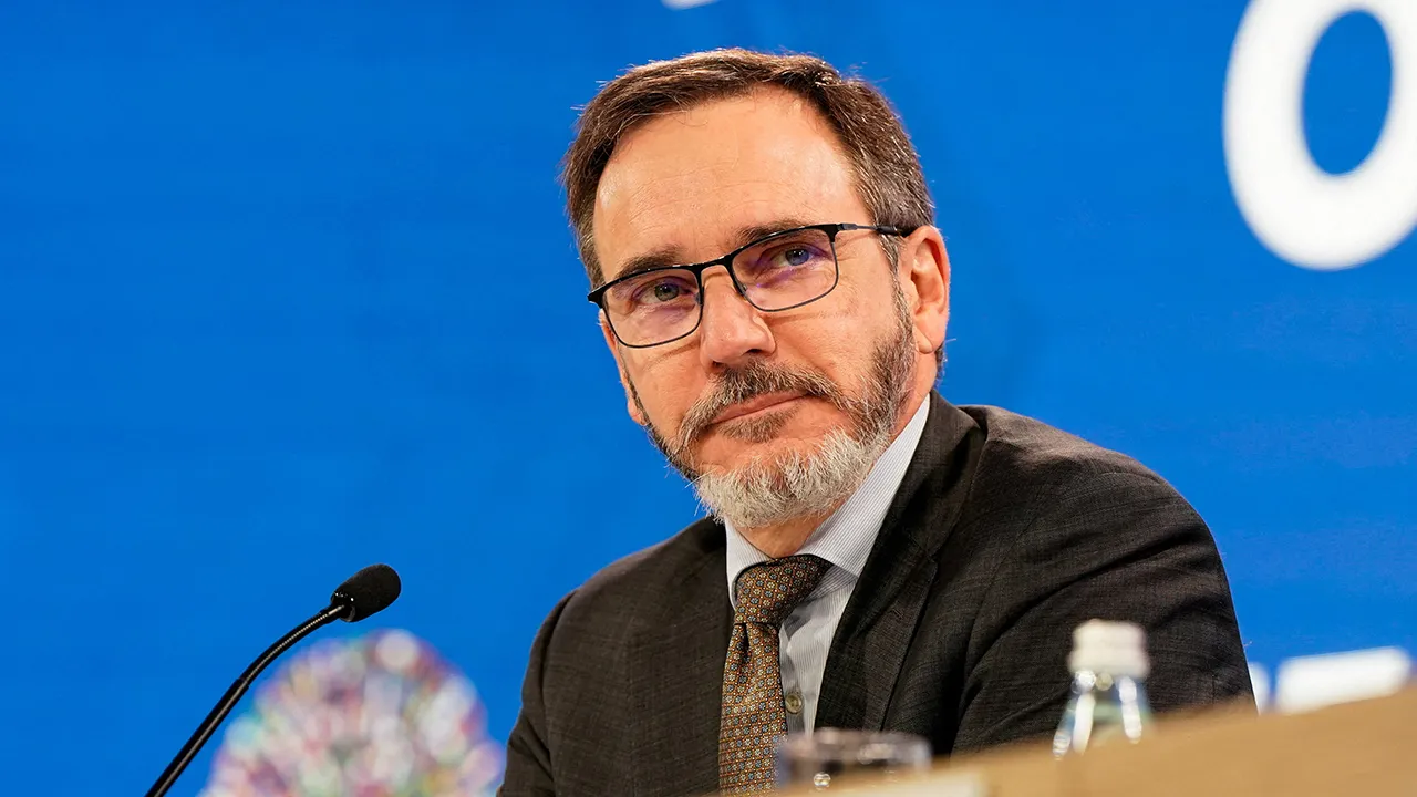 FILE PHOTO: International Monetary Fund chief economist Pierre-Olivier Gourinchas attends the “World Economic Outlook” press briefing at the IMF/World Bank 2025 Annual Meetings in Washington, D.C., U.S., October 14, 2025. REUTERS/Elizabeth Frantz/File 