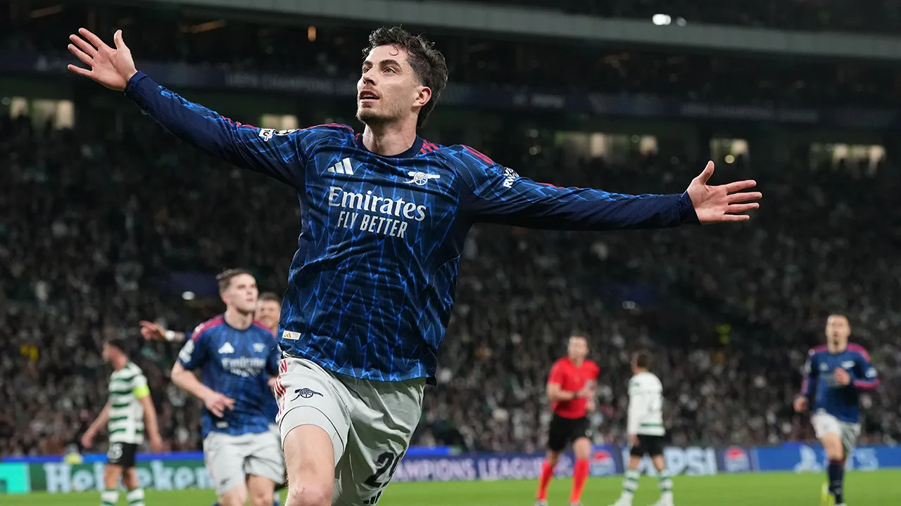 Arsenal's Kai Havertz celebrates after scoring his sides first goal during the Champions League quarterfinals, first leg, soccer match between Sporting CP and Arsenal, in Lisbon, Tuesday, April 7, 2026. (AP Photo/Armando Franca) Provided by: AP Portugal Champions League Soccer Photo Metadata ID	26097753429692 Submission Date	Apr 7, 2026 20:55 (GMT) Creation Date	Apr 7, 2026 20:51 (GMT) Photographer	Armando Franca Source	AP Copyright	Copyright 2026 The Associated Press. All rights reserved Credit	ASSOCIATED 