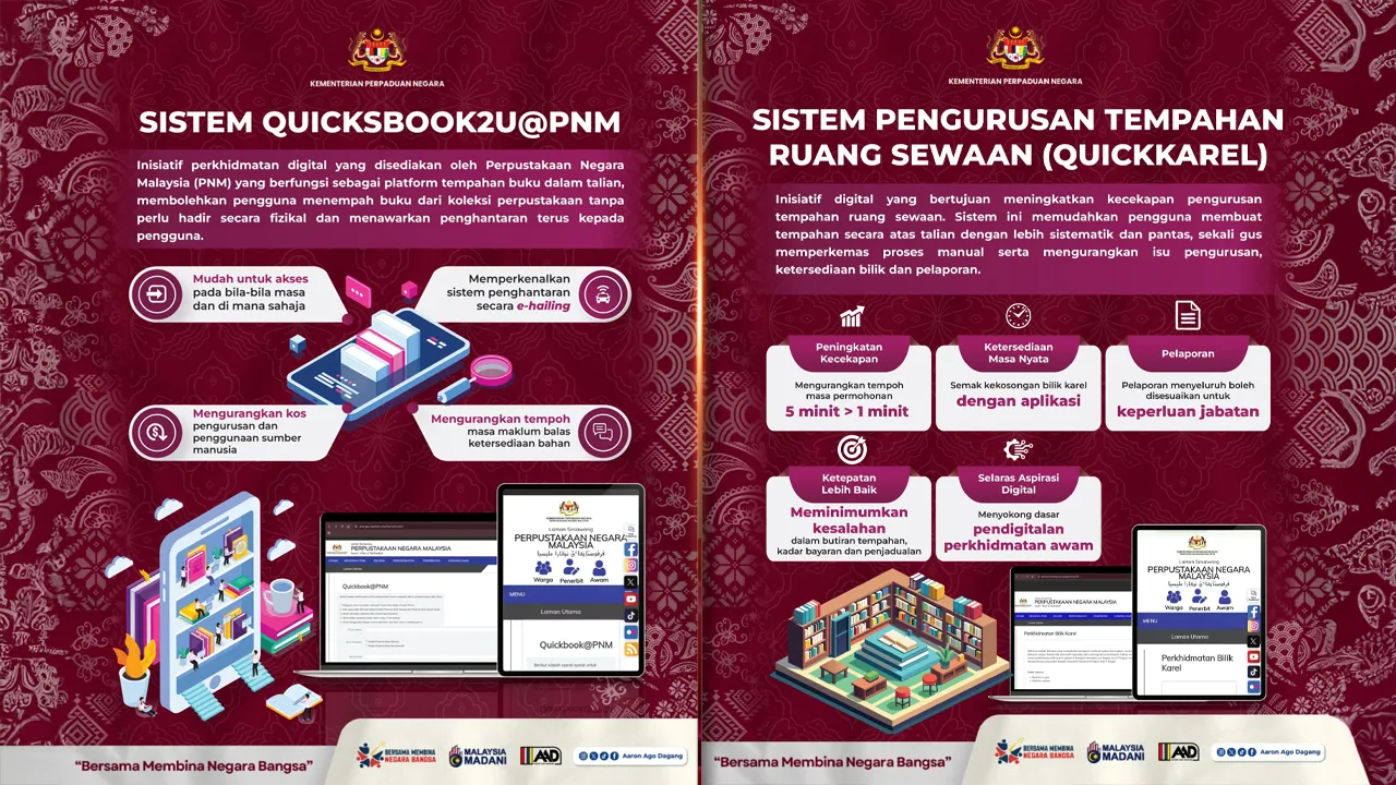 Kementerian Perpaduan Negara melalui Perpustakaan Negara Malaysia terus memperkukuh agenda pendigitalan perkhidmatan awam dengan memperkenalkan dua inisiatif utama, iaitu Quickbook2U@PNM dan Sistem Pengurusan Tempahan Ruang Sewaan (QuickKarel), bagi memudahkan urusan rakyat serta memperluas akses kepada bahan bacaan dan kemudahan perpustakaan. _FB Aaron Ago Dagang