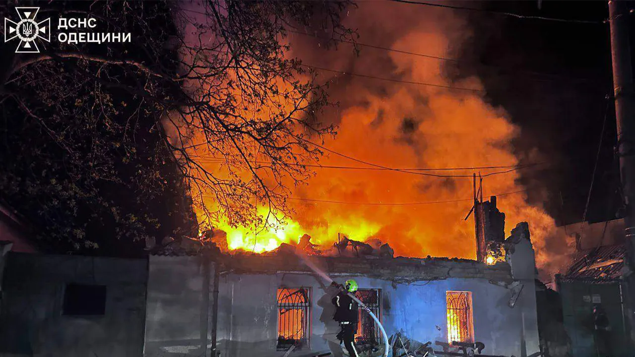 In this photo provided by the Ukrainian Emergency Services on Saturday, April 11, 2026, a rescue worker puts out a fire of residential house destroyed by a Russian drone strike on Odesa, Ukraine. (Ukrainian Emergency Service via AP)