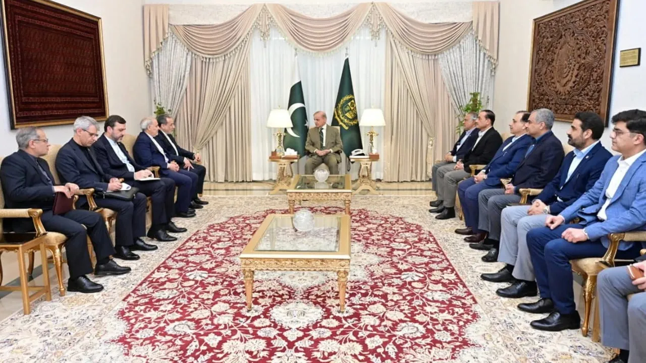Pakistan's Prime Minister Shehbaz Sharif meets with Iranian Foreign Minister Abbas Araqchi in Islamabad, Pakistan, on Saturday. Pakistan's Prime Minister Office/Handout/Reuters