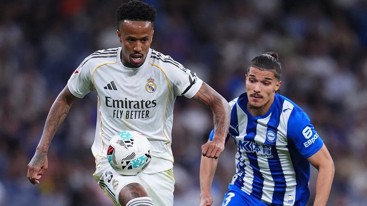 Real Madrid's Eder Militao in action in front of Alaves' Youssef Enriquez during a La Liga soccer match between Real Madrid and Alaves in Madrid, Spain, Tuesday, April 21, 2026. (AP Photo/Manu Fernandez)