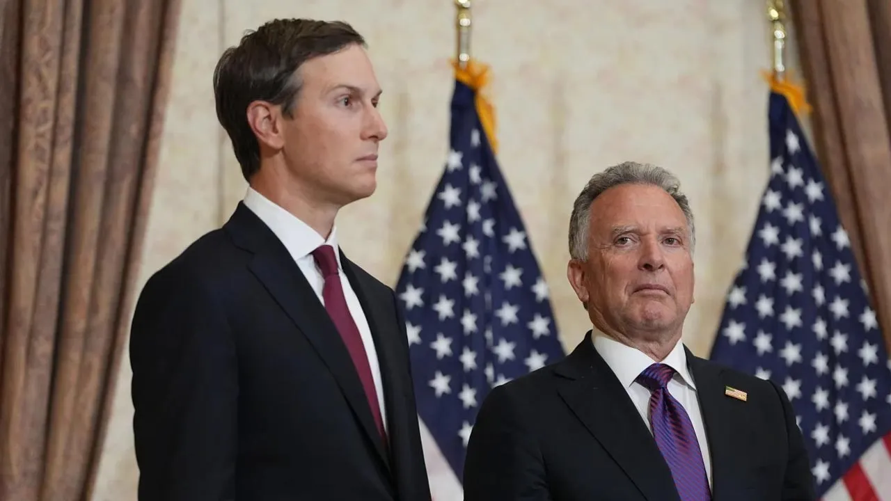 Special envoy Steve Witkoff, right, and Jared Kushner attend a news conference after meeting with representatives from Pakistan and Iran, on April 12, in Islamabad, Pakistan. Jacquelyn Martin/Pool/Getty Images