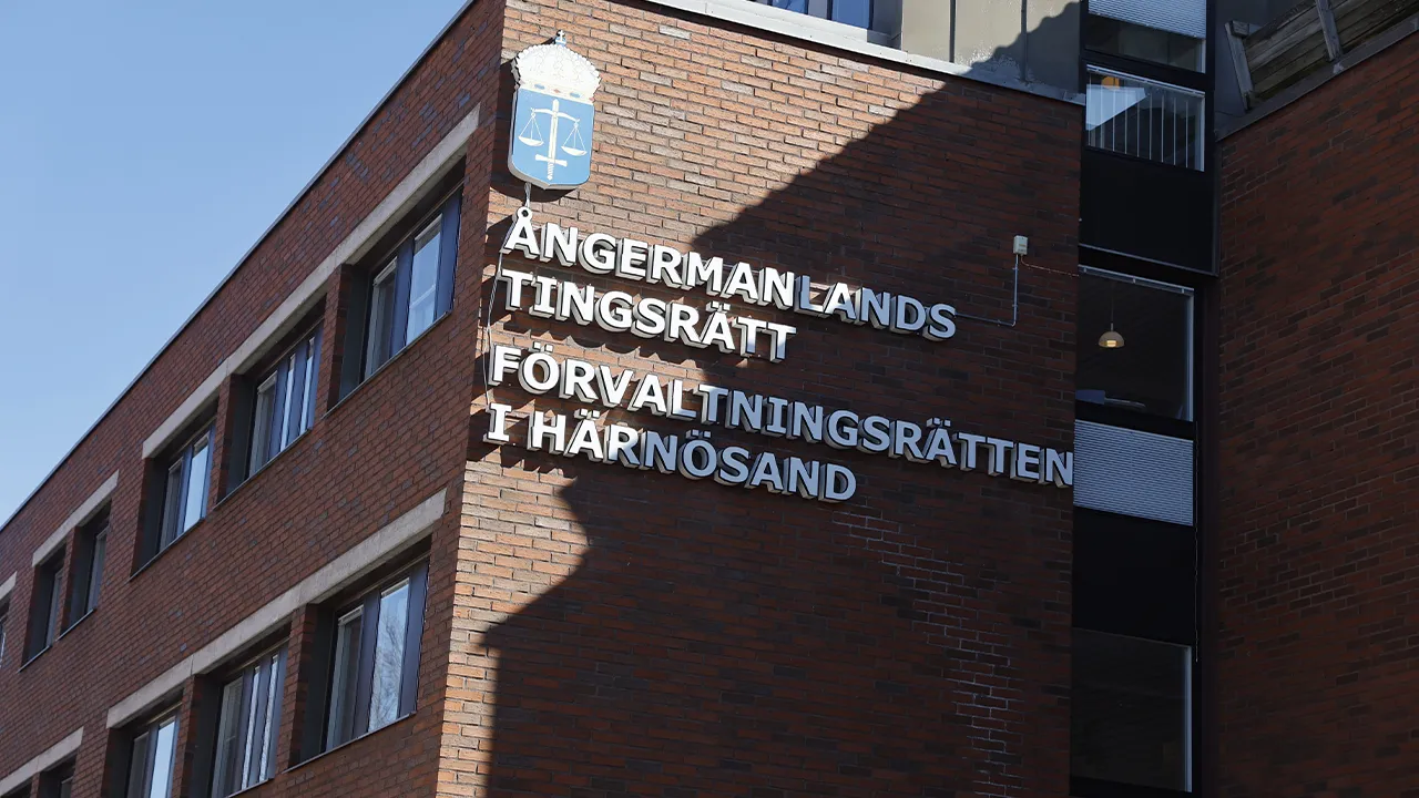 Exterior view of Angermanlands district court before the the start of the trial in a high-profile case of aggravated procuring where a man is suspected of selling his wife to 120 men, in Harnosand, Sweden, Friday April 10, 2026. (Mats Andersson/TT News Agency via AP)