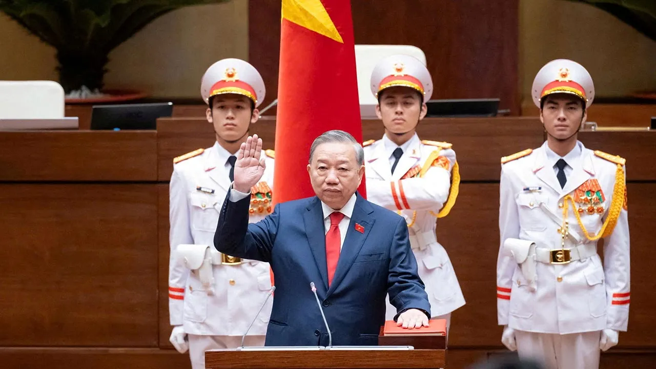 Vietnam's Communist Party General Secretary To Lam takes his oath as Vietnam's President during the legislature's session at the National Assembly in Hanoi, Vietnam, April 7, 2026. National Assembly/Handout via REUTERS ATTENTION EDITORS - THIS IMAGE HAS BEEN SUPPLIED BY A THIRD PARTY. NO RESALES. NO ARCHIVES. TPX IMAGES OF THE DAY