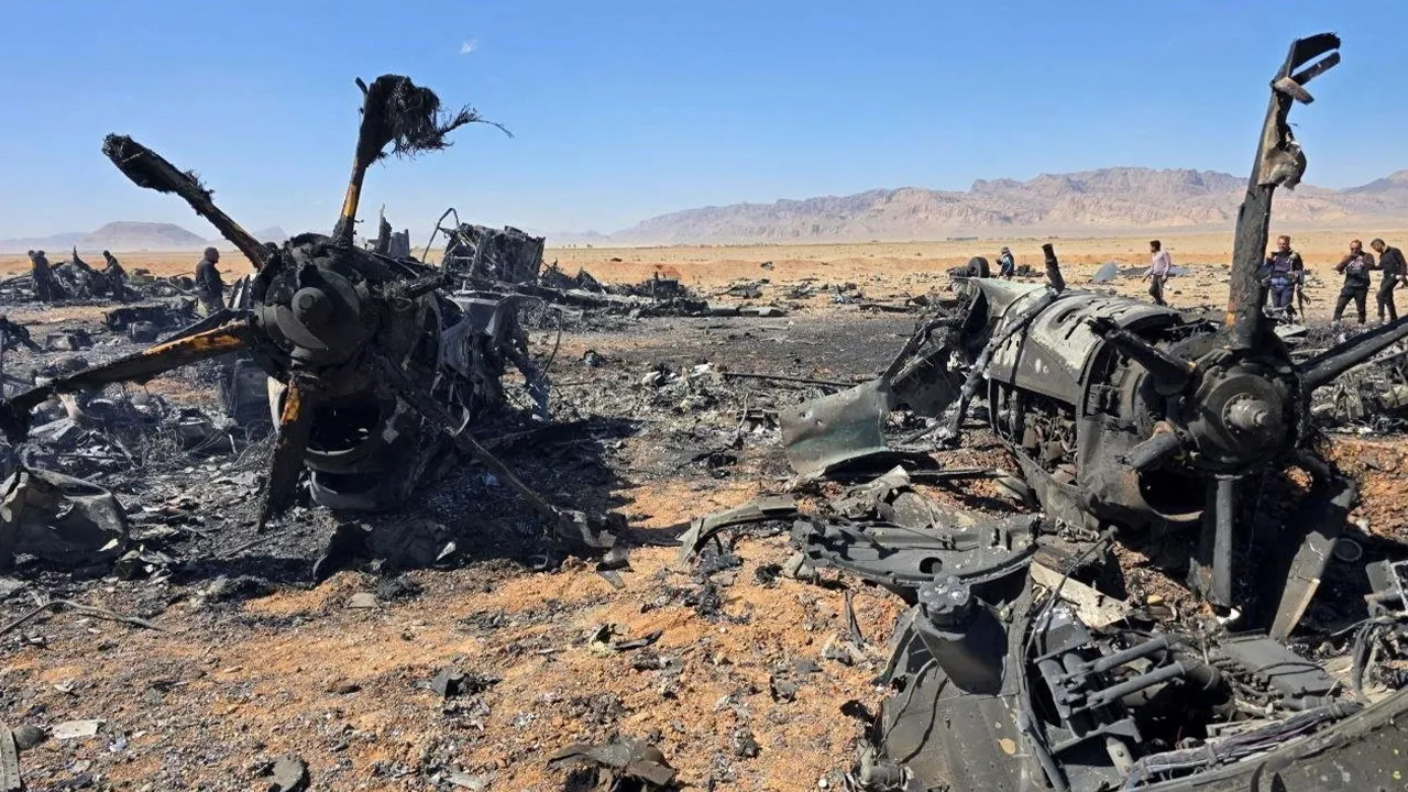 An image released on April 5, 2026, and obtained from social media appears to show wreckage of an American aircraft and a helicopter rotor in Isfahan, Iran, which forensic imagery analyst William Goodhind said is consistent with a U.S. MC‑130J or HC‑130J, amid the U.S.-Israeli conflict with Iran. Social Media/via REUTERS. THIS IMAGE HAS BEEN SUPPLIED BY A THIRD PARTY. MANDATORY CREDIT. NO RESALES. NO ARCHIVES. VERIFICATION: - Reuters was able to confirm the location from the shape and position of the mounta