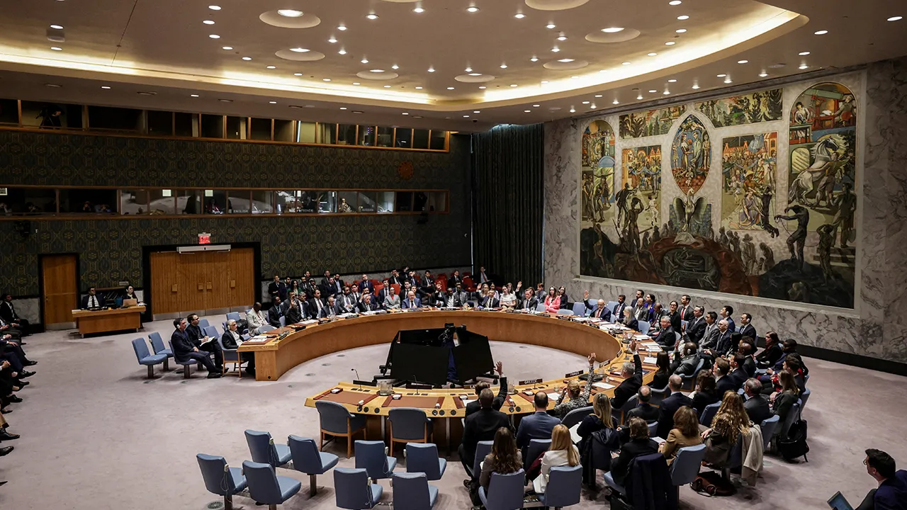 Members of the United Nations Security Council vote during at a United Nations Security Council meeting on a Hormuz resolution at U.N. headquarters in New York City, U.S., April 7, 2026. REUTERS/Jeenah Moon