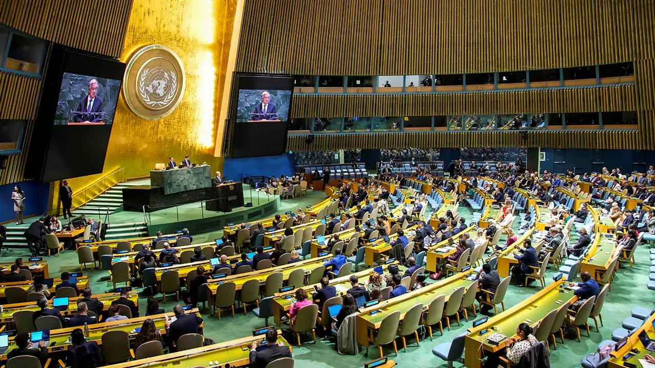 United Nations Secretary-General Antonio Guterres speaks to delegates during a meeting on Nuclear Non-Proliferation Treaty at U.N. headquarters in New York City, U.S., April 27, 2026. REUTERS/Eduardo Munoz