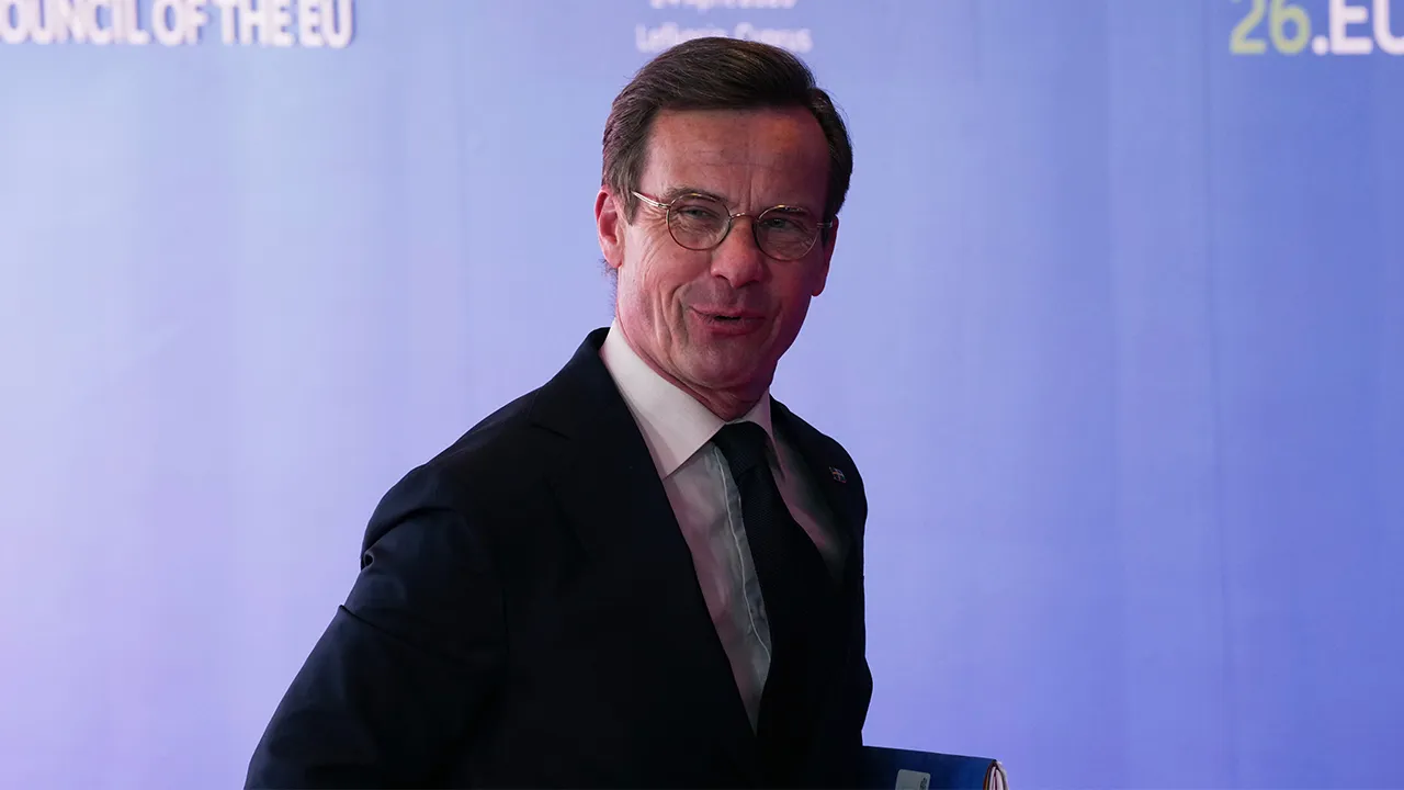 Sweden's Prime Minister Ulf Kristersson arrives for the EU Summit in Nicosia, Cyprus, Friday, April 24, 2026. (AP Photo/Petros Karadjias)