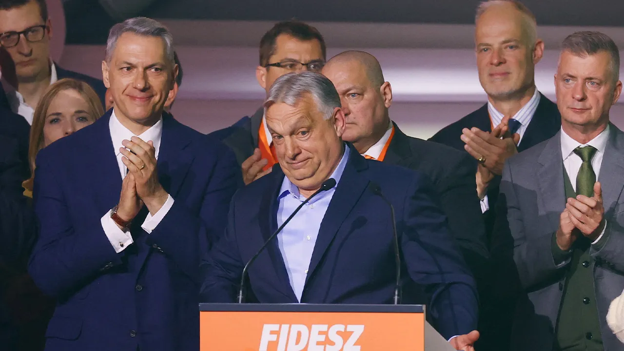 Hungarian Prime Minister Viktor Orban reacts as he addresses supporters after the announcement of the partial results of parliamentary election in Budapest, Hungary, April 12, 2026. REUTERS/Bernadett Szabo