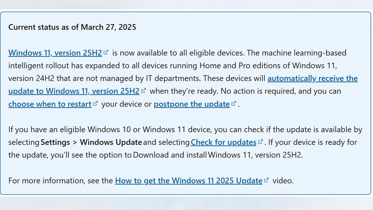 Jika komputer anda masih menggunakan sistem operasi Windows 11 versi 24H2, sistem operasi tersebut akan mula dinaiktaraf secara automatik ke versi terbaru Windows 11 versi 25H2 untuk memastikan bahawa sistem operasi tersebut mempunyai ciri-ciri dan juga kemaskini sekuriti terbaru.