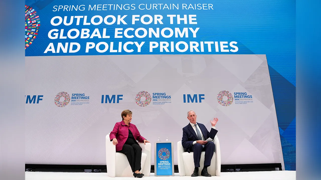 IMF Managing Director Kristalina Georgieva and President of the Council on Foreign Relations Michael Froman speak ahead of the IMF/World Bank's spring meetings in Washington, D.C., U.S., April 9, 2026. REUTERS/Ken Cedeno