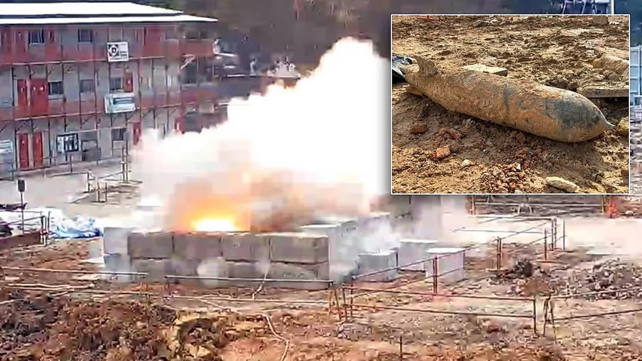 The 250kg World War II-era aerial bomb was disposed at a construction site near Changi Airport. (Singapore Police Force pic)