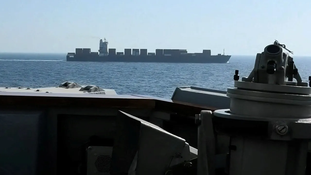 A view of Iranian-flagged cargo ship M/V Touska as the U.S. Navy Arleigh Burke-class Aegis guided missile destroyer USS Spruance conducts its interception in a location given as the north Arabian Sea, in this screen capture from a video released April 19, 2026. CENTCOM/Handout via REUTERS THIS IMAGE HAS BEEN SUPPLIED BY A THIRD PARTY. THIS IMAGE WAS PROCESSED BY REUTERS TO ENHANCE QUALITY, AN UNPROCESSED VERSION HAS BEEN PROVIDED SEPARATELY. VERIFICATION -Identity of the ship confirmed as Touska by shape wh