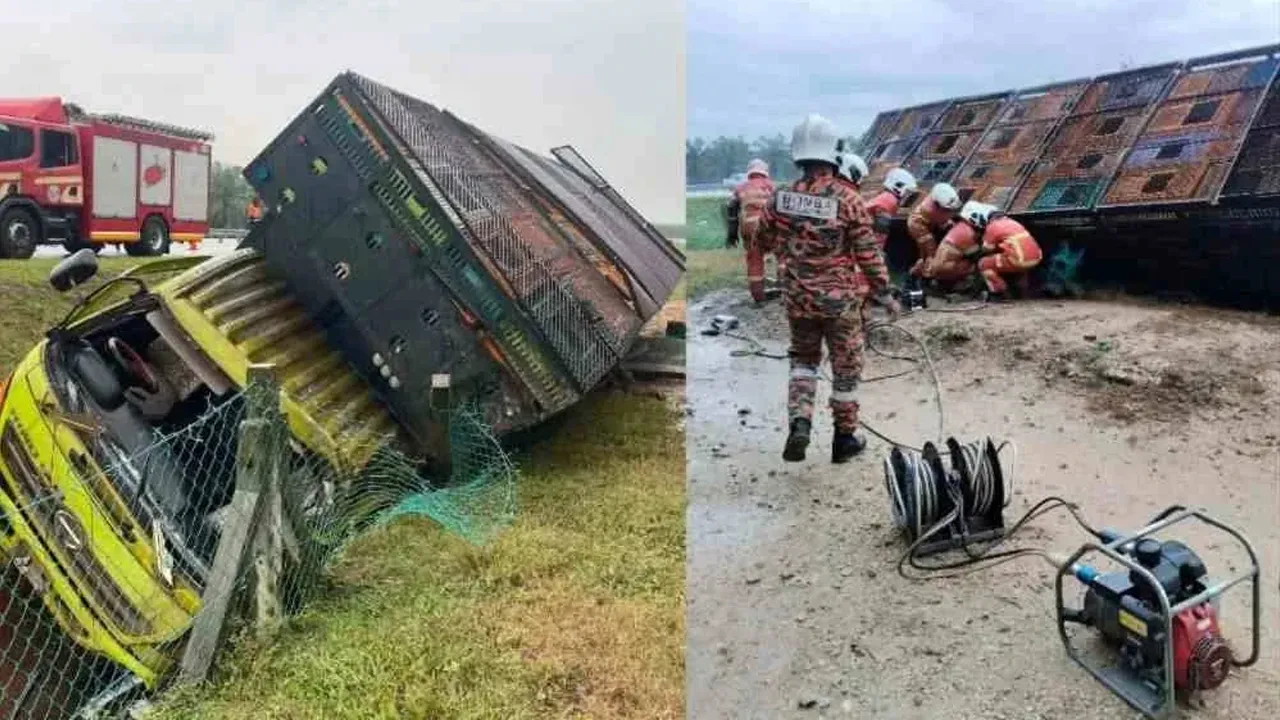 Dua lelaki maut selepas tercampak keluar dari lori dinaiki di Kilometer 194.7 Lebuhraya Pesisiran Pantai Barat (WCE) arah utara pada Selasa. Foto JBPM Perak