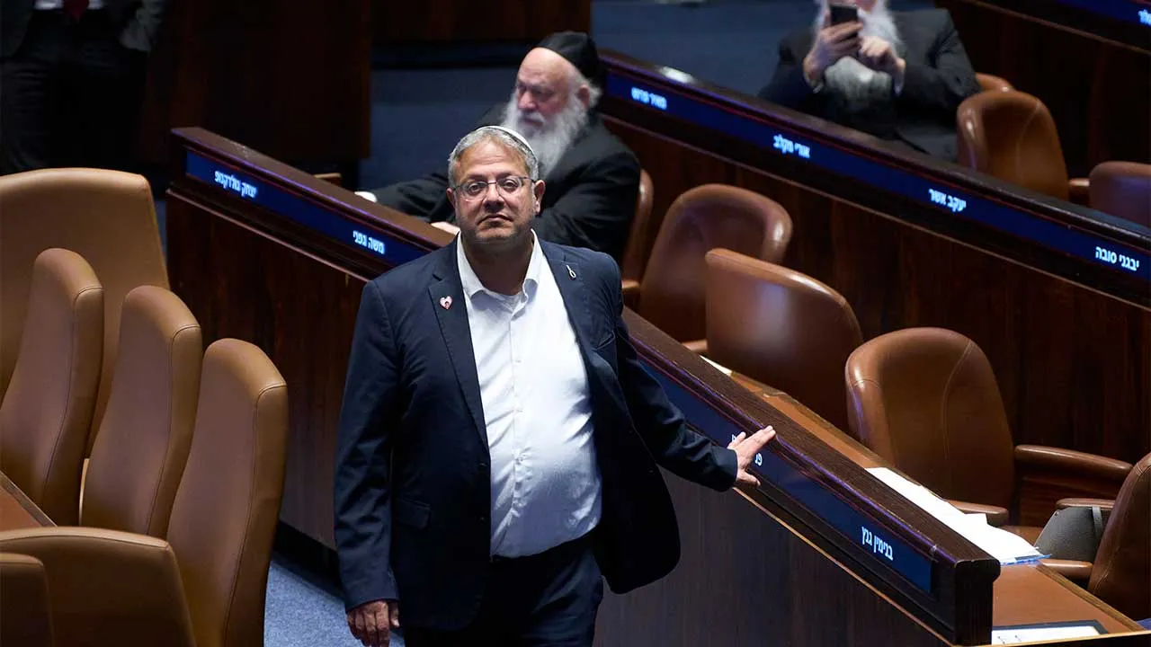 Israel's Minister of National Security, Itamar Ben-Gvir in the Israeli parliament, during a session considering a bill to dissolve the government in Jerusalem,Wednesday, May 20,2026. (AP Photo/Ohad Zwigenberg)