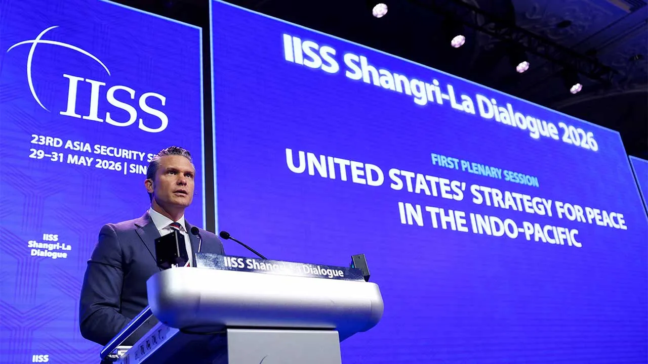 U.S. Secretary of Defense Pete Hegseth speaks at the IISS Shangri-La Dialogue security summit in Singapore, May 30, 2026. REUTERS/Edgar Su