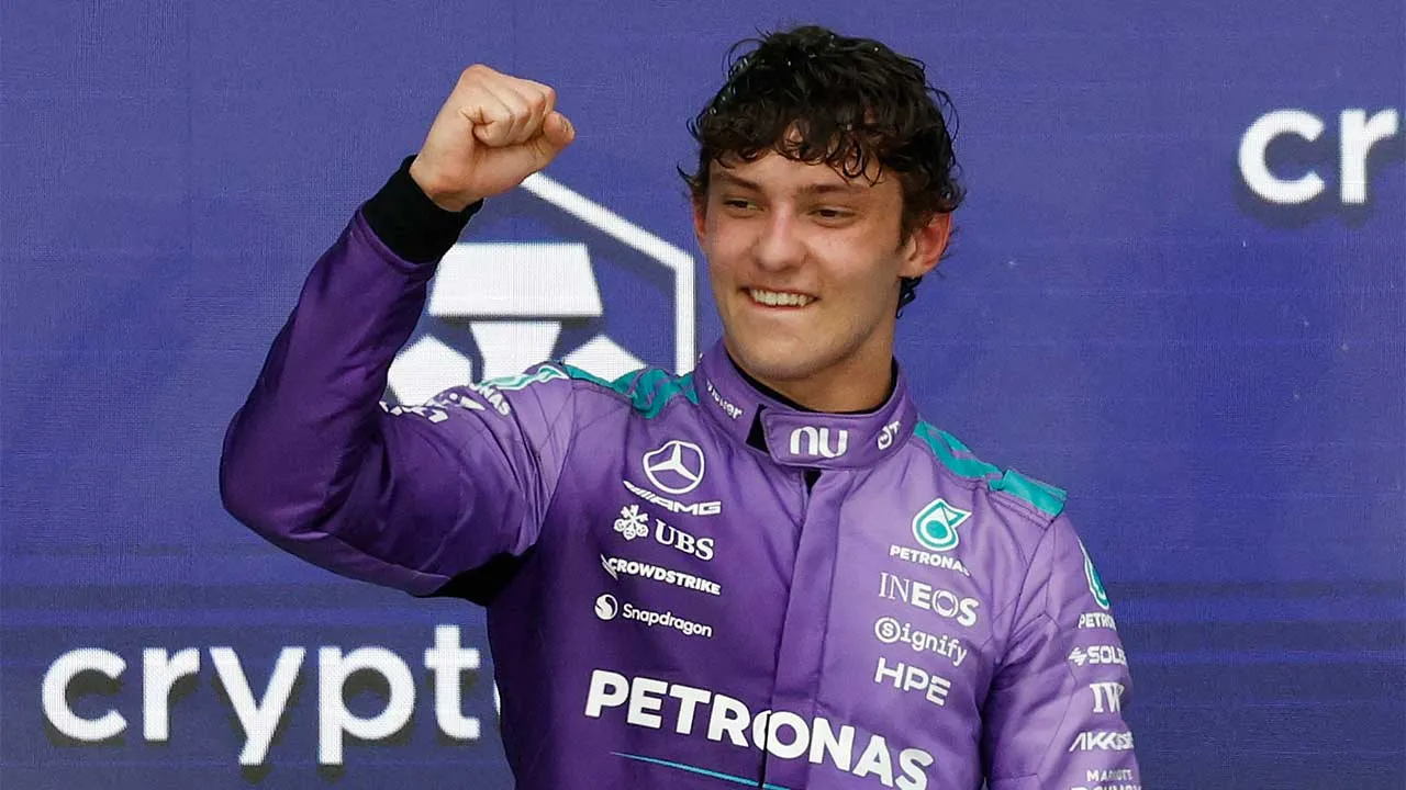 Formula One F1 - Miami Grand Prix - Miami International Autodrome, Miami, Florida, United States - May 3, 2026 Mercedes' Andrea Kimi Antonelli celebrates on the podium after winning the Miami Grand Prix REUTERS/Marco Bello