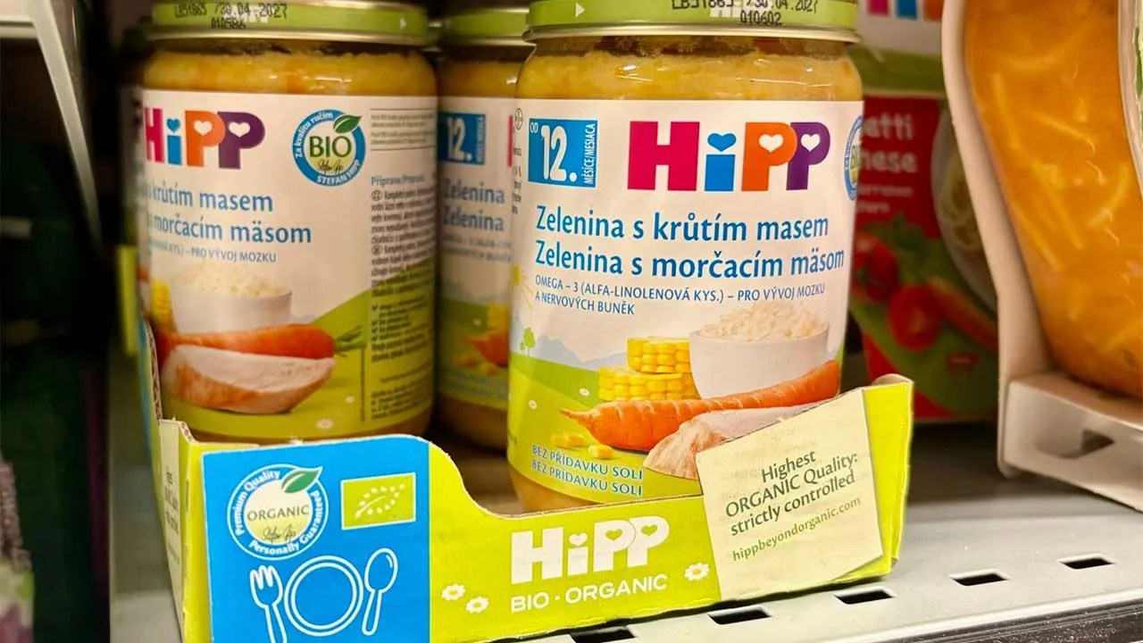 A view of HIPP baby food on a shelf, in Ceske Budejovice, Czech Republic, Sunday, April 19, 2026. (AP Photo/Stanislav Hodina)