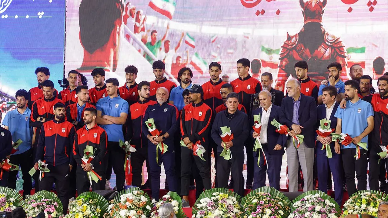 Members of Iran's national soccer team attend a farewell ceremony ahead of their departure to the 2026 World Cup in Tehran, Iran, May 13, 2026. Majid Asgaripour/WANA (West Asia News Agency) via REUTERS ATTENTION EDITORS - THIS PICTURE WAS PROVIDED BY A THIRD PARTY