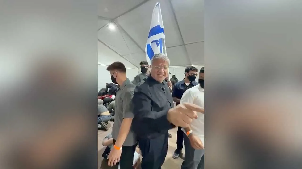 Israeli National Security Minister Itamar Ben Gvir reacts as flotilla activists are detained by Israeli forces, in Ashdod Port, Israel, in this screen grab taken from a video released on May 20, 2026. Office Of Itamar Ben Gvir/Handout via REUTERS THIS IMAGE HAS BEEN SUPPLIED BY A THIRD PARTY MANDATORY CREDIT VERIFICATION LINES: - Deck structure, bridge, stairs and container of the ship seen in video matched Reuters footage of an Israeli vessel arriving in Ashdod port on May 20 and reportedly carrying activi