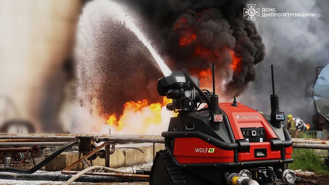 In this photo provided by the Ukrainian Emergency Service, emergency services personnel work to extinguish a fire following a Russian drone attack on a gas pipeline in Dnipropetrovsk region, Ukraine, Wednesday, May 13, 2026. (Ukrainian Emergency Service via AP)