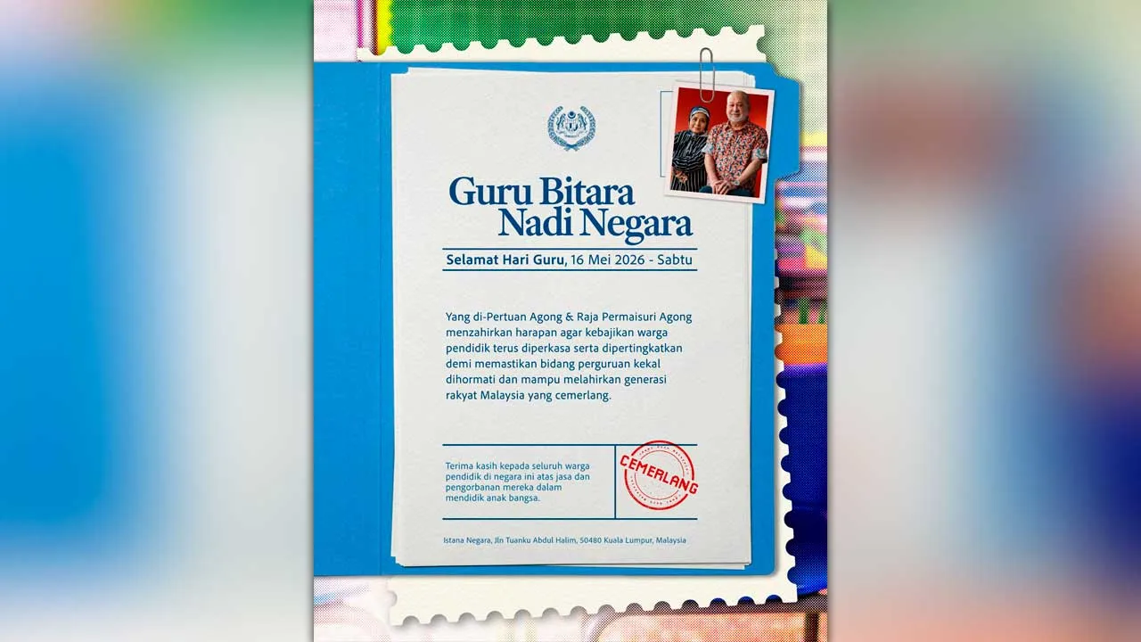 YANG DI-PERTUAN AGONG DAN RAJA PERMAISURI AGONG ZAHIR UCAPAN HARI GURU  KDYMM SPB Yang di-Pertuan Agong Sultan Ibrahim dan KDYMM SPB Raja Permaisuri Agong Raja Zarith Sofiah menzahirkan ucapan selamat Hari Guru kepada seluruh warga pendidik di negara ini atas jasa dan pengorbanan mereka dalam mendidik anak bangsa.