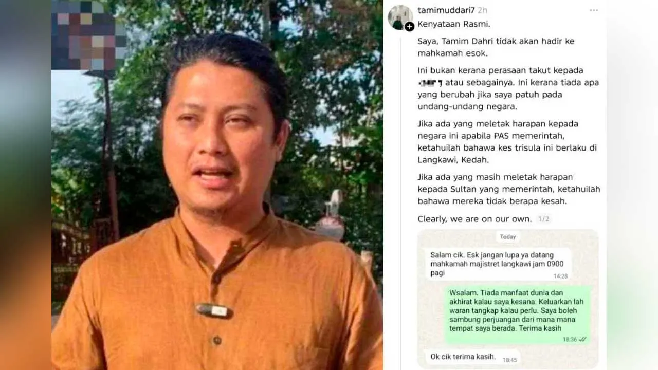 ALOR SETAR – Aktivis, Tamim Dahri Abdul Razak mengesahkan tidak akan hadir ke Mahkamah Majistret Langkawi pada Ahad bagi prosiding yang ditangguhkan pada April lalu. 