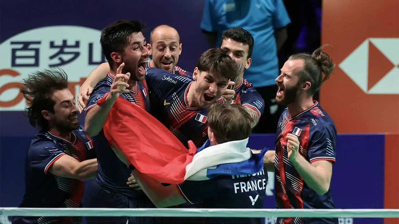 HORSENS (Denmark), May 3 -- France’s men’s singles player Toma Junior Popov celebrates with teammates after defeating Prannoy H.S of India with 21-19, 21-16 in their quarter-final match, helping France to the finals of the BWF Thomas and Uber Cup Finals 2026 at Forum Horsens on Saturday.  --fotoBERNAMA (2026) COPYRIGHT RESERVED