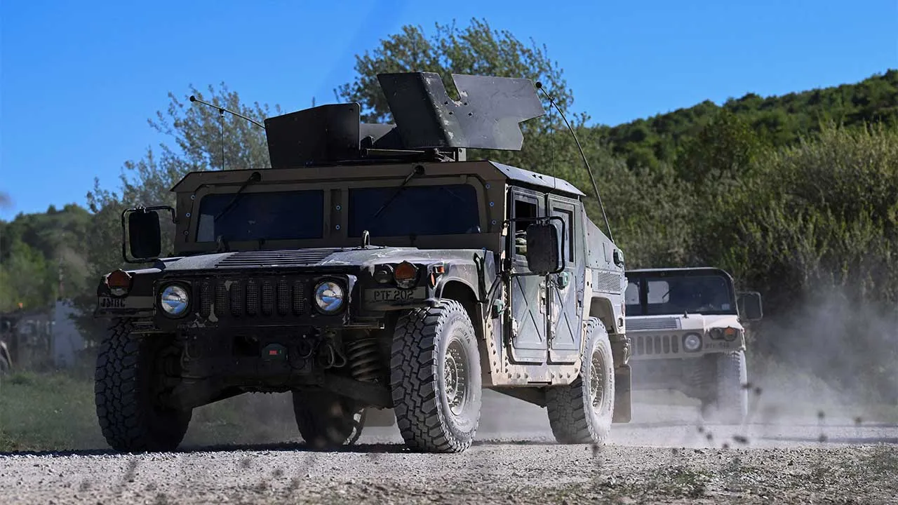 Military vehicles drive during the U.S. Army Combined Resolve exercise at the U.S. Army's southern Germany training facilities in Hohenfels, Germany, April 30, 2026. REUTERS/Angelika Warmuth