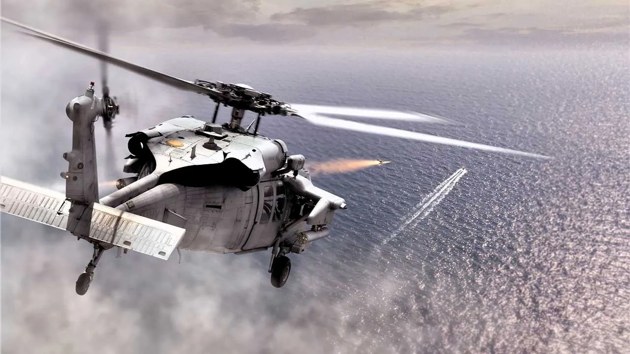 Artist impression: A U.S. Navy MH-60S maritime helicopters engages a fast moving surface target with an APKWS. BAE Systems image.
