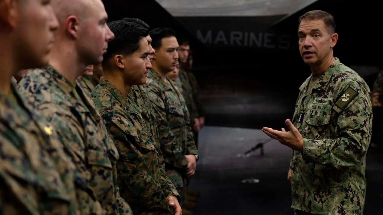 During a trip to the region earlier today, Adm. Brad Cooper, CENTCOM commander, visited Sailors and Marines aboard USS Tripoli (LHA 7) in the Arabian Sea. He interacted with service members, recognized top performers, and toured various spaces throughout the amphibious assault ship, including the Combat Information Center.