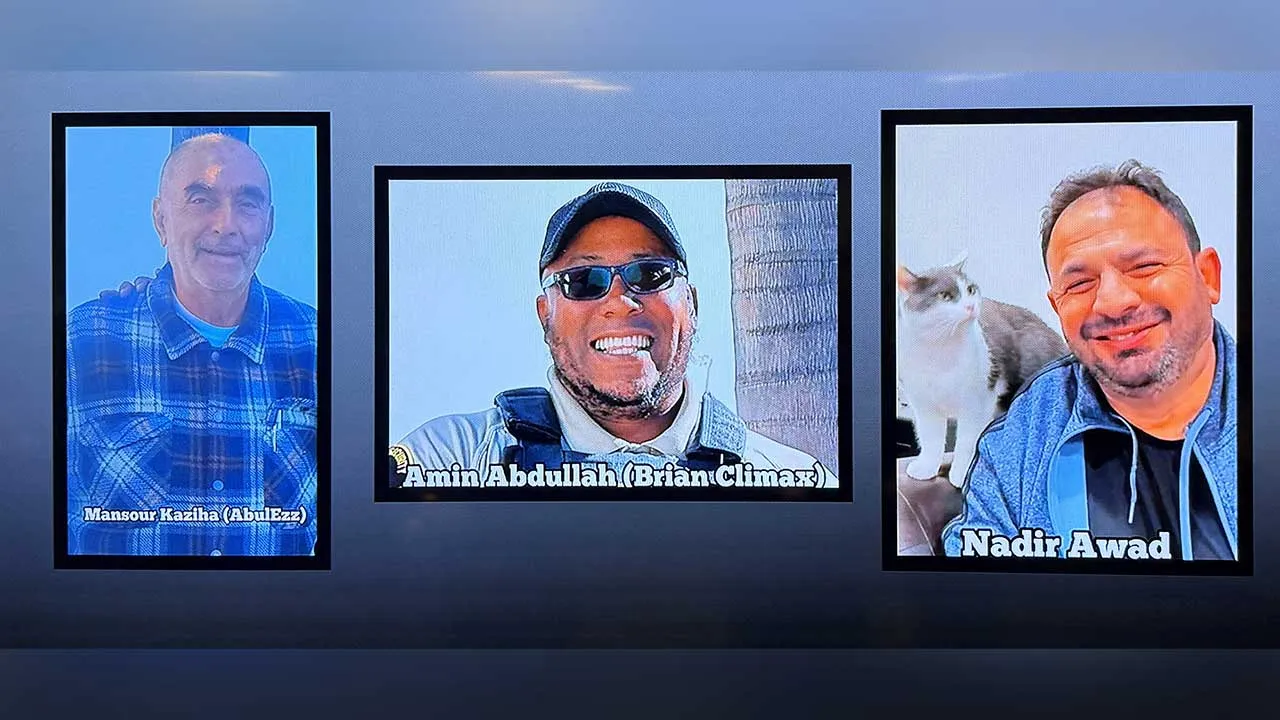 A video monitor shows images of Mansour Kaziha, security guard Amin Abdullah, also known to friends as Brian Climax and Nadir Awad, who were killed during a shooting attack at the Islamic Centre of San Diego, during a news conference at police headquarters in San Diego, California, U.S, May 19, 2026. REUTERS/Arafat Barbakh NO RESALES. NO ARCHIVES