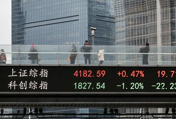 An electronic board shows Shanghai stock indices as people walk on a pedestrian bridge in the Lujiazui financial district in Shanghai, China, March 2, 2026. REUTERS/Go Nakamura/File Photo