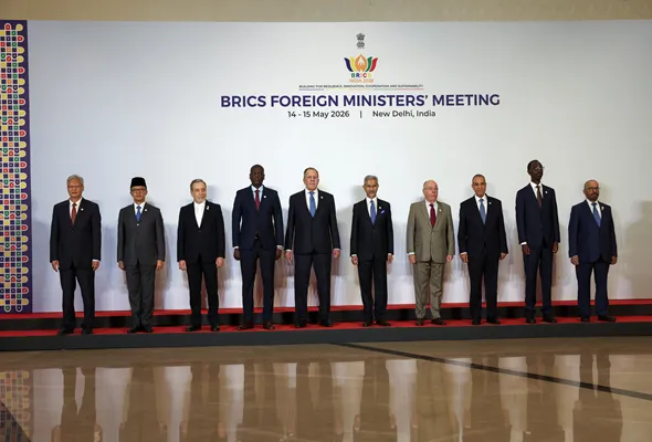 China's Ambassador to India Xu Feihong, Indonesia's Foreign Minister Sugiono, Iran's Foreign Minister Abbas Araqchi, South Africa's Foreign Minister Ronald Lamola, Russia's Foreign Minister Sergei Lavrov, India's Foreign Minister Subrahmanyam Jaishankar, Brazil's Foreign Minister Mauro Vieira, Egypt's Foreign Minister Badr Abdelatty, Ethiopia's Foreign Minister Gedion Timothewos and UAE's Minister of State for Foreign Affairs Khalifa bin Shaheen Al Marar pose for a family photo during the BRICS foreign mini