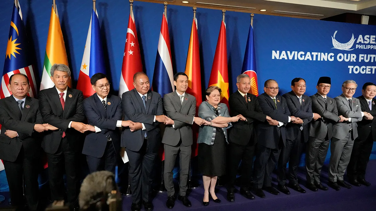 Myanmar’s Permanent Secretary of Foreign Affairs Hau Khan Sum, Malaysia's Foreign Minister Mohamad Hasan, Thailand's Foreign Minister Sihasak Phuangketkeow, East Timor's Foreign Minister Bendito dos Santos Freitas, Vietnam's Deputy Minister of Foreign Affairs Dang Hoang Giang, Philippine’s Foreign Secretary Theresa Lazaro, Singapore's Foreign Minister Vivian Balakrishnan, Brunei's Second Foreign Minister Erywan Pehin Yusof, Cambodia's Foreign Minister Prak Sokhonn and Indonesia's Foreign Minister Sugiono ho
