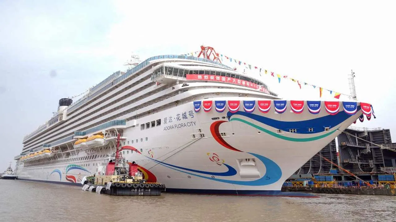This photo taken on March 20, 2026 shows China's second domestically built large cruise ship "Adora Flora City" in Shanghai, east China. (Xinhua/Ding Ting)