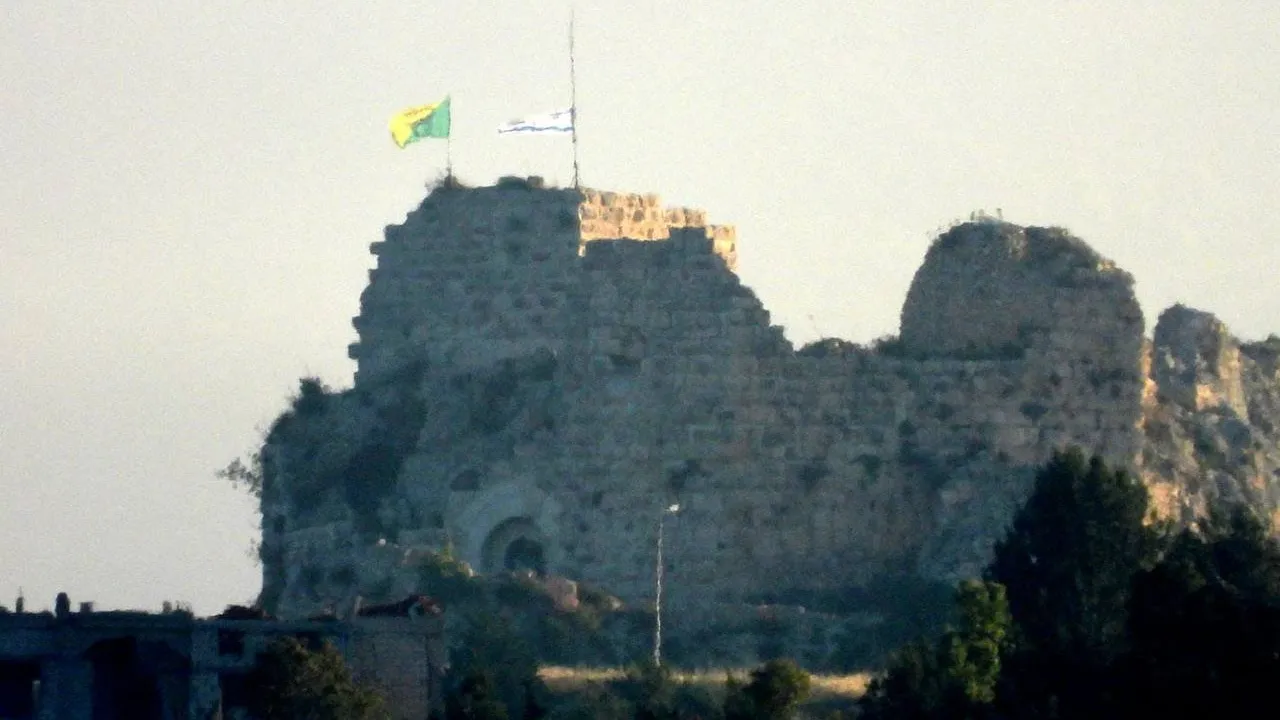 Flags of Israel and Golani stand at the head of the Beaufort Ridge