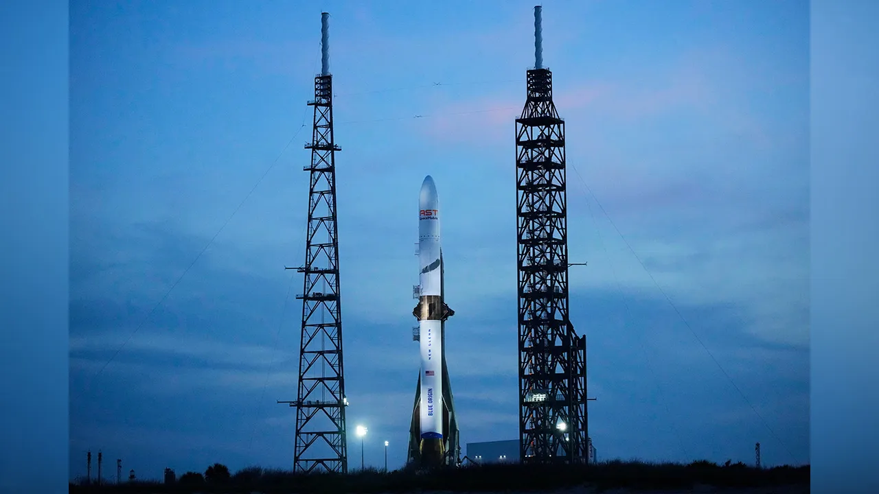  A Blue Origin New Glenn rocket stands ready for launch at the Cape Canaveral Space Force station in Cape Canaveral, Fla., April 18, 2026. (AP Photo/John Raoux, File)