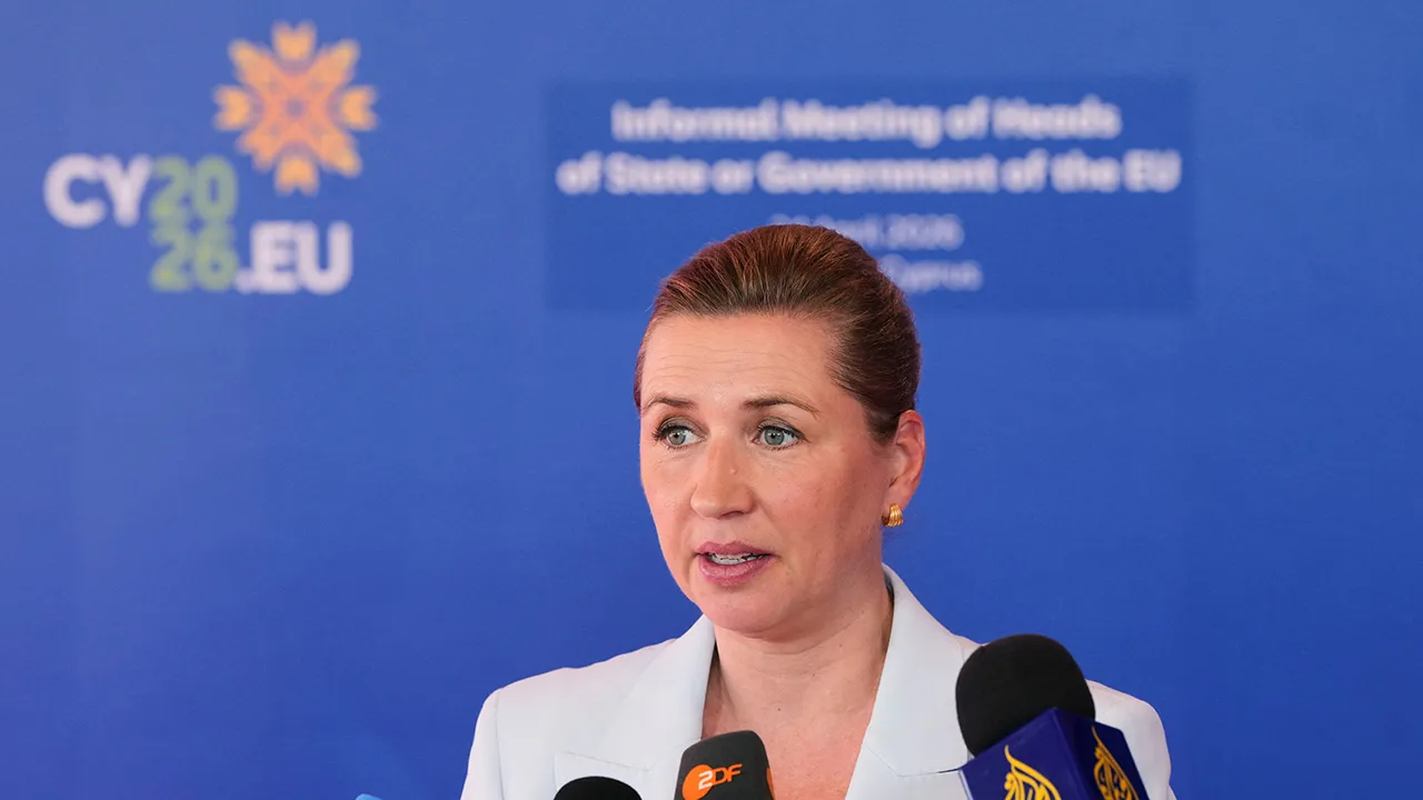 Denmark's Prime Minister Mette Frederiksen speaks with the media as she arrives for the EU Summit in Nicosia, Cyprus, Friday, April 24, 2026. (AP Photo/Petros Karadjias)