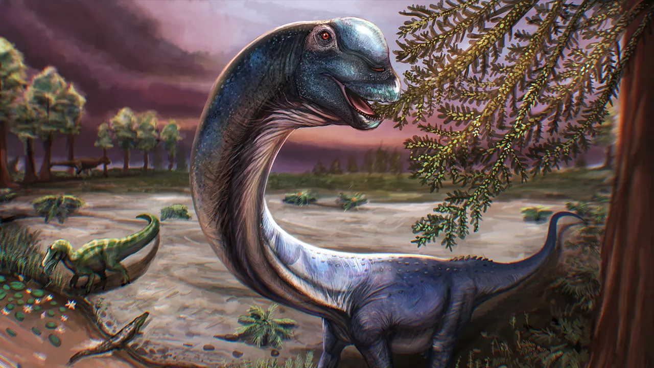 Artist reconstruction of the Cretaceous Period sauropod dinosaur Nagatitan chaiyaphumensis, whose fossils were unearthed in Thailand, seen in this illustration released on May 14, 2026. Nagatitan is the largest dinosaur ever found in Southeast Asia. Patchanop Boonsai/Handout via REUTERS THIS IMAGE HAS BEEN SUPPLIED BY A THIRD PARTY. NO RESALES. NO ARCHIVES. MANDATORY CREDIT