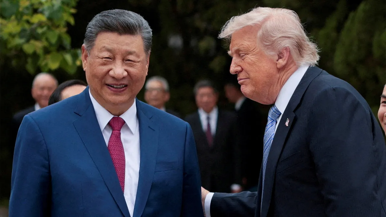 U.S. President Donald Trump speaks with Chinese President Xi Jinping while leaving after a visit to the Zhongnanhai Garden in Beijing, China, May 15, 2026. REUTERS/Evan Vucci