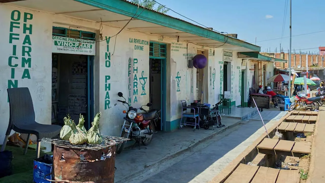 Pharmacies remain open along a street, as aid agencies intensify efforts to contain a new Ebola outbreak involving the Bundibugyo strain, in Bunia, Ituri province, Democratic Republic of Congo, May 22, 2026. REUTERS/Gradel Muyisa Mumbere