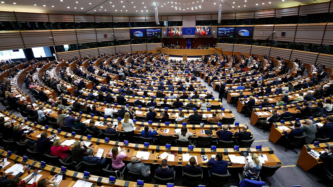 Members of the European Parliament attend a session to vote on legislation to cut import duties for U.S. products, in Brussels, Belgium March 26, 2026. REUTERS/Yves Herman/File Photo
