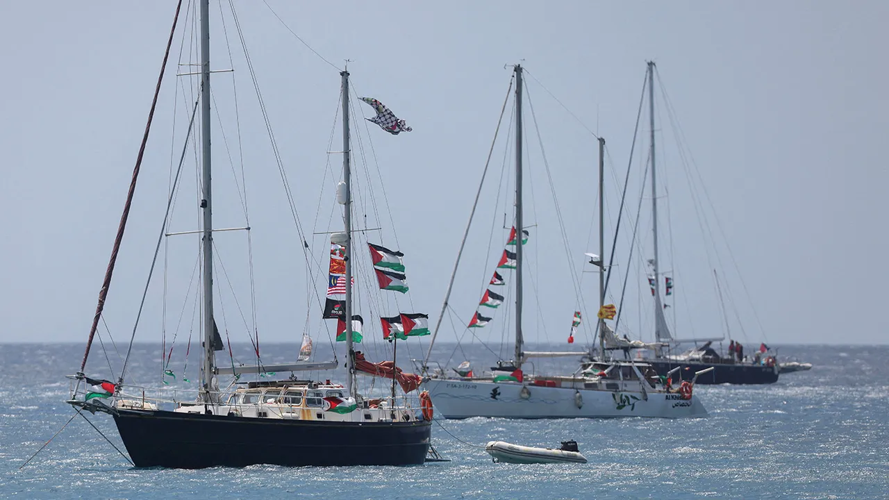 Vessels of the Global Sumud Flotilla, which was intercepted on international waters by the Israeli Navy, sail off the city of Ierapetra, on the island of Crete, Greece, May 1, 2026. REUTERS/Stefanos Rapanis 