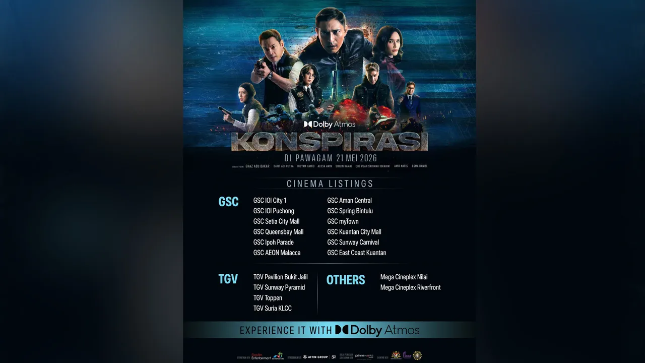 Saksikan *KONSPIRASI* di pawagam terpilih seluruh Malaysia dan alami sendiri debaran, aksi serta intensiti penuh sinematik dengan pengalaman Dolby Atmos